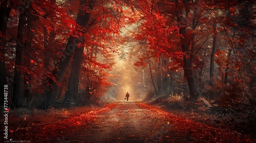 Autumn forest path strewn with red and gold leaves, with a distant figure walking a dog