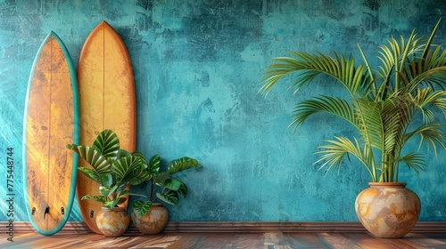 Surfboards propped against a vibrant blue wall with tropical decor accents #775448744