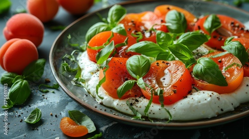   A plate of tomatoes, mozzarella, and basil on a table with tomatoes and basil on the sides