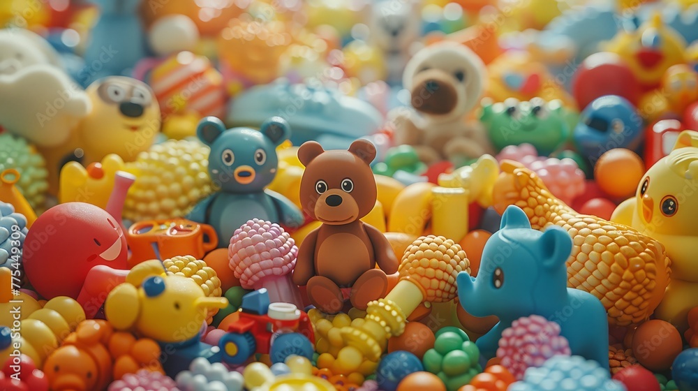 Assorted kids' toys create a playful mess on pale background