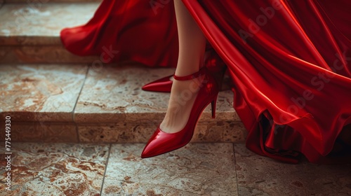 High red platforms captured mid-stride beneath satin gown