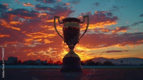 Golden trophy silhouetted against a vibrant sunset sky