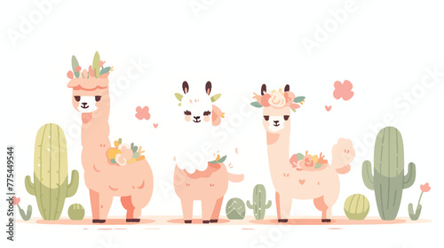 Cute llama and alpaca with cactus 2d flat cartoon v