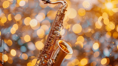 Vibrant saxophone with golden hues set against a backdrop of warm bokeh