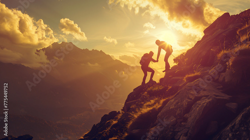 people helping others to reach the top of the mountain, empathy concept, teamwork