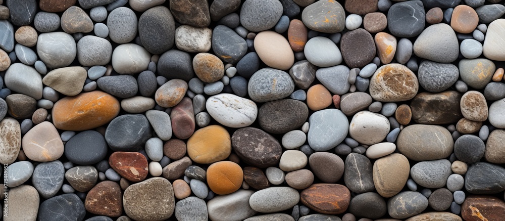 Numerous varied rocks scattered on the sandy shoreline of a beautiful beach reflecting different colors and textures Numerous varied rocks scattered on the sandy shoreline of a beautiful beach reflecting different colors and textures