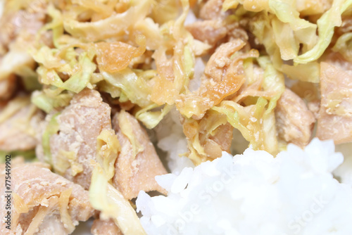 rice with chicken. chicken meal with cabbage and rice. meal with selective focus.