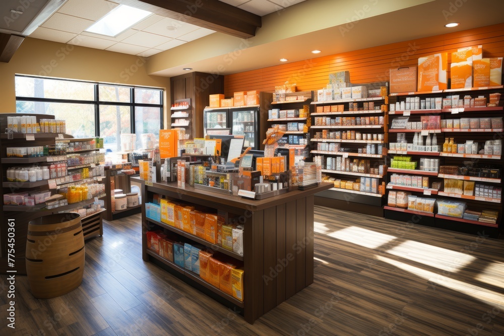 drugstore with a wide range of dynamic pharmaceutical items showcased in a sleek and organized setting