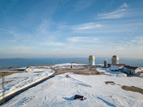 Aerial view to Serra da Estrela tower. Famous snow destinations in Portugal. Manteigas, Portugal