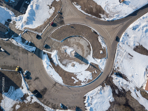 Aerial view from top down of the road with roundabout at Torre in Serra da Estrela. Famous snow destinations in Portugal. Manteigas, Portugal