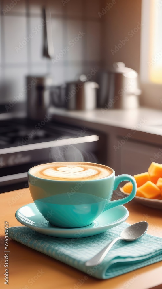 blue cup of coffee with steam on a wooden table in a cozy home atmosphere in a warm light. The concept of home comfort and good morning. blue cup of coffee with steam on a wooden table in a cozy home atmosphere in a warm light. The concept of home comfort and good morning.