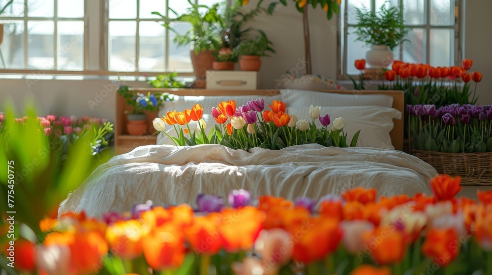 Obraz premium A bed adorned with flowers atop and potted plants beside it