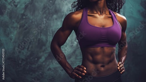 Afro American fitness model torso in purple top with well defined abdominal muscles. copy space for text.