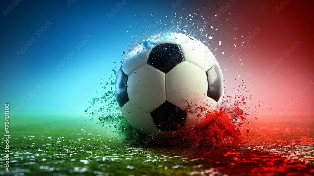 Naklejka premium A soccer ball is in the middle of a field with a splash of red and blue