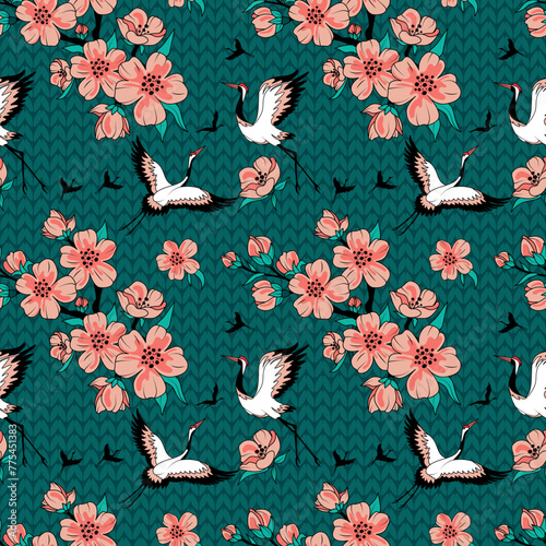 Cranes bird and sakura on a knitted background. Vector graphics, Seamless pattern, turquoise color