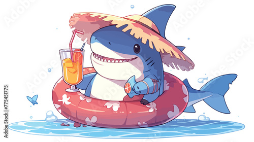 Cute shark inflatable ring with glass of juice and