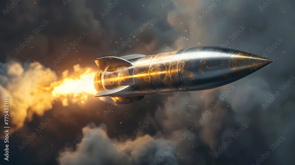 Launch of a rocket isolated on clear background, made of precious metal. Successful start concept. Launch of a rocket isolated on clear background, made of precious metal. Successful start concept.