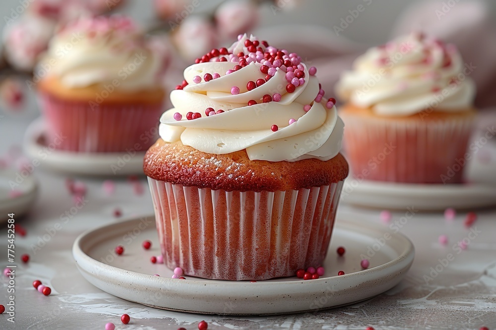 A cupcake with white frosting and red sprinkles, sitting on top of three small round plates against a grey background.