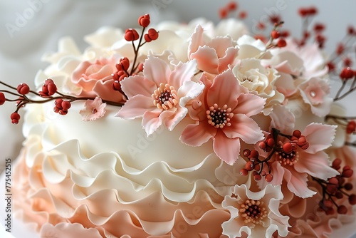 A beautiful wedding cake with coral pink and white ruffled icing photo