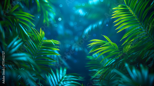 Close up on tropical palm leaves at night with a bokeh effect