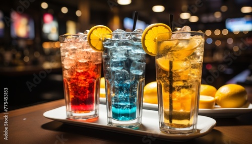 exotic, colorful cocktails arranged on a nightclub counter.The cocktails exude a tropical, refreshing vibe, enticing patrons to indulge in the lively atmosphere of the bar.