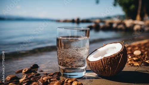 A tropical cocktail and a cracked coconut with juice on a paradise island background  with space for text.