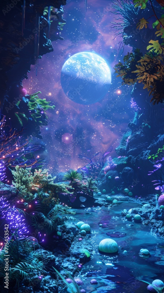 Fototapeta premium Ethereal garden floating in the vacuum of space with bioluminescent plants, floating water streams, variety of alien fauna basking in the light of nearby nebula created with Generative AI Technology
