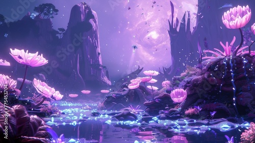 Ethereal garden floating in the vacuum of space with bioluminescent plants, floating water streams, variety of alien fauna basking in the light of nearby nebula created with Generative AI Technology