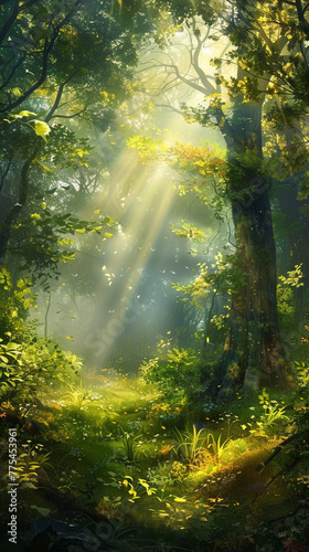 An enchanting forest scene within a greenery landscape  with sunlight filtering through the dense canopy  casting a magical glow.