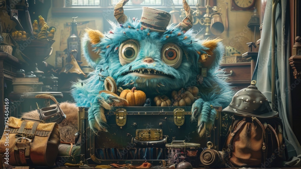 Playful Monster Engages in Dress-Up with a Trunk of Costumes and Props