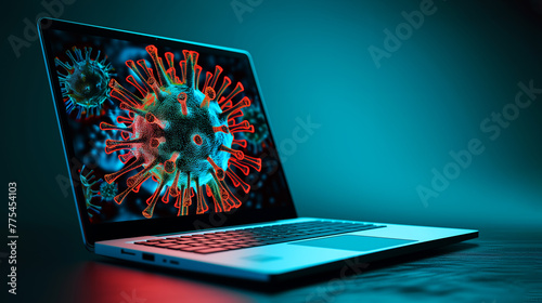 Virus emerging from laptop screen, concept of computer malware threat