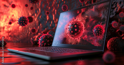 Virus flying from a laptop screen, digital infection concept.