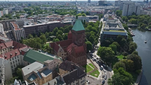 Aerial drone view of Märkisches Museum . Riverside museum with archaeological artifacts plus displays on life, art and culture in Berlin , Germany . 