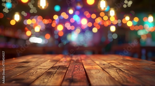Empty wooden table in front of abstract blurred background of bokeh light. Can be used for display or montage your products. Mock up for display of product. High quality photo