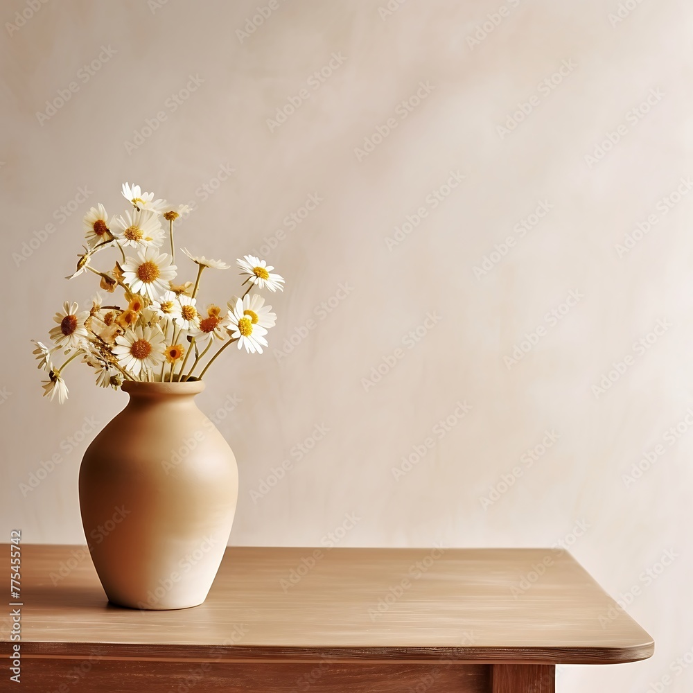 Wooden table with beige clay vase with bouquet Wooden table with beige clay vase with bouquet