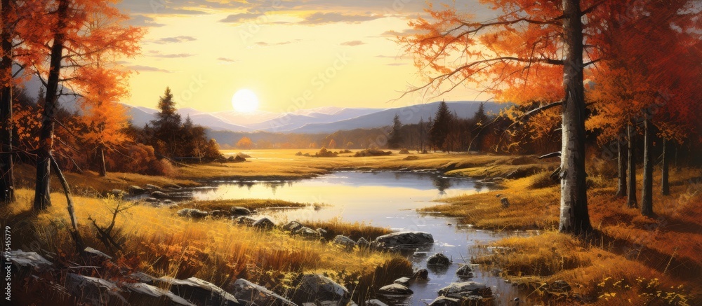 Scenic painting capturing a stunning sunset in a lush forest, with a tranquil stream flowing through the landscape