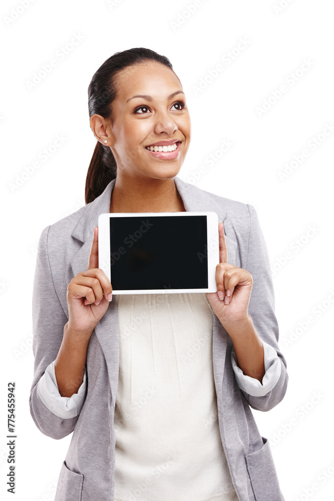 Woman, tablet screen and advertising in studio for social media, technology or web development. Internet connection, female person, thinking isolated on white for promotions, design and mockup space. Woman, tablet screen and advertising in studio for social media, technology or web development. Internet connection, female person, thinking isolated on white for promotions, design and mockup space.