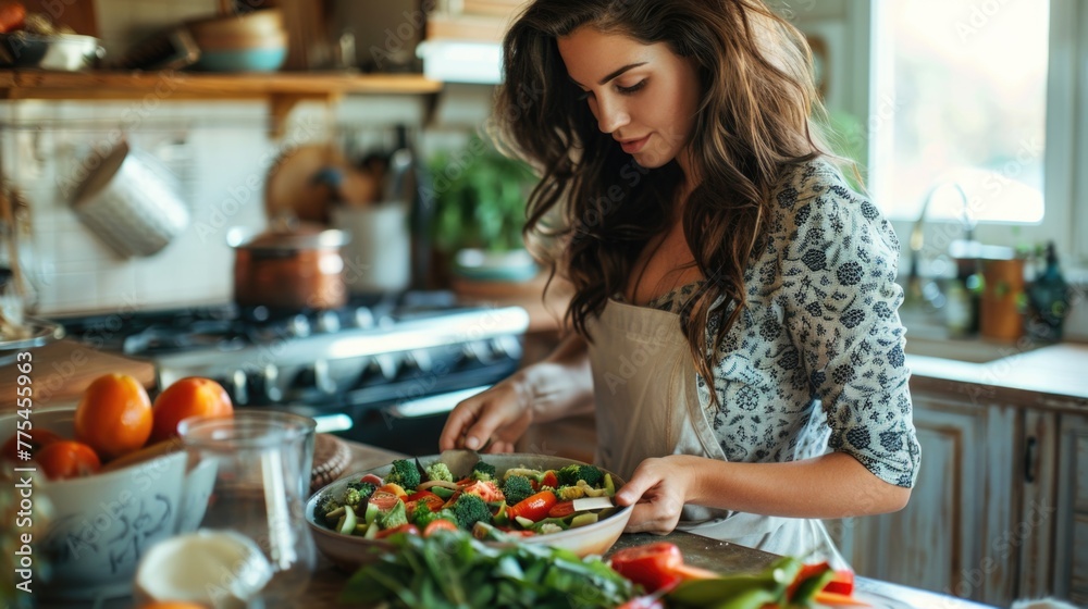 Charming female cook in the kitchen: capturing the grace and skill of a woman passionate about culinary arts, celebrating the artistry and creativity of cooking in a warm and inviting atmosphere.