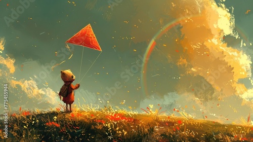 Whimsical Creature's Joyful Kite Flight on a Hilltop as a Rainbow Forms in the Sky