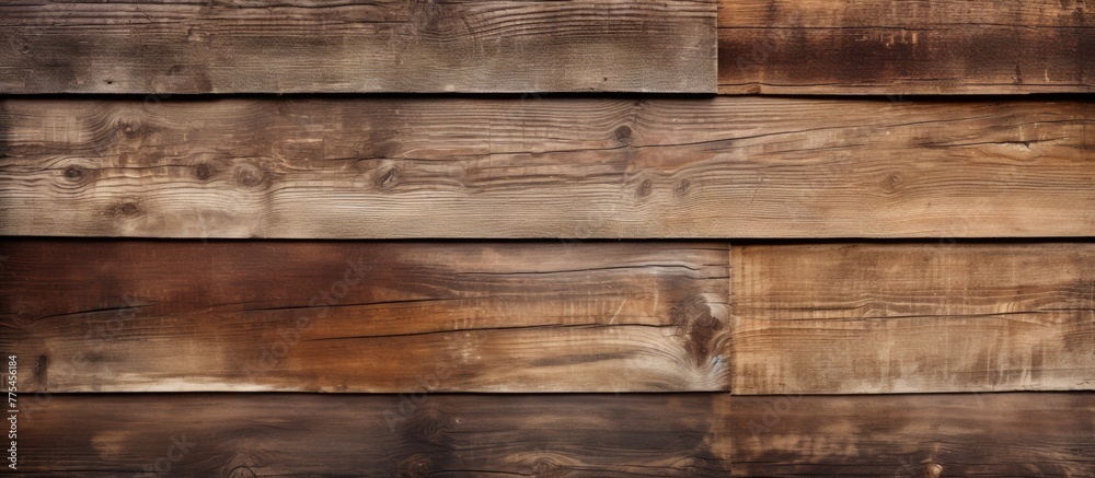 Detailed view of a weathered wooden wall displaying a rich brown stain, adding warmth and character to the surface Detailed view of a weathered wooden wall displaying a rich brown stain, adding warmth and character to the surface