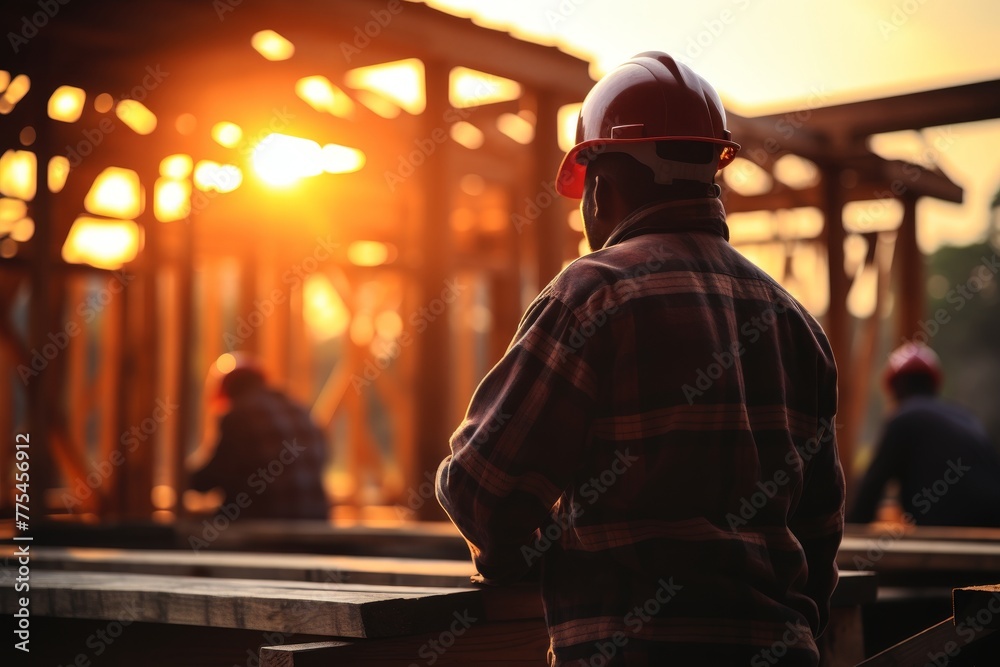 a group of workers on a construction site, with engineering infrastructure and business people silhouetted against industrial buildings