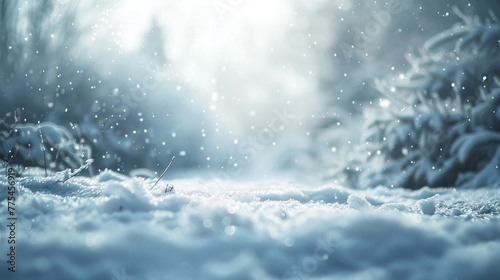 An evocative HD image of a blurred snow background, capturing the quiet and serene ambiance of a winter landscape. © baseer