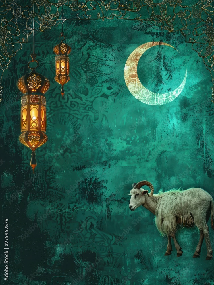 Naklejka premium Photo eid al adha islamic decoration background with goat sheep arabic lantern crescent and copy space - generative ai