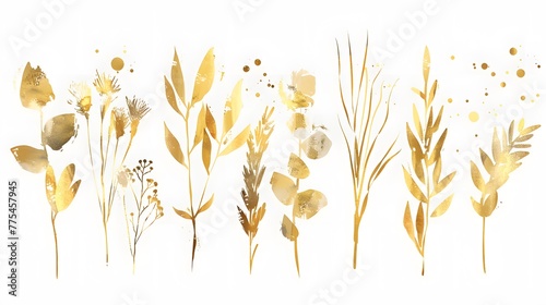 Vector plants and grasses in gold style with gloss effects and and gold paint splatters. Minimalist style of hand drawn plants. With leaves and organic shapes. For your own design. photo