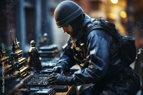 An engineer in safety gear working at the top of a signal antenna, performing tasks at a significant elevation photo