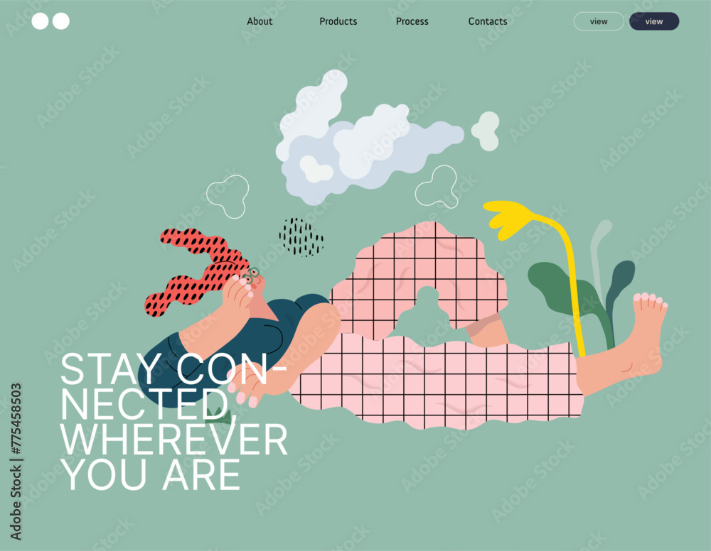 Fototapeta premium Life Unframed: Cloud dreamer -modern flat vector concept illustration of a girl watching clouds. Metaphor of unpredictability, imagination, whimsy, cycle of existence, play, growth and discovery