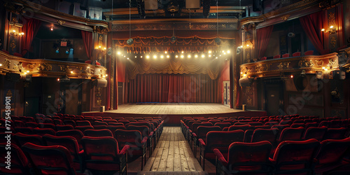 theater stage, with red curtain, wooden floor, chairs and lighting  ,
Classic Stage Setting with Wooden Floor AI Generative photo