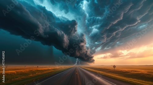 Intense supercell storm unleashes lightning and fierce winds over rural road, Ai Generated.
