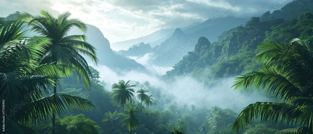 Palm trees sway atop a hill with towering mountains and a surrounding mountain range, Ai Generated Palm trees sway atop a hill with towering mountains and a surrounding mountain range, Ai Generated