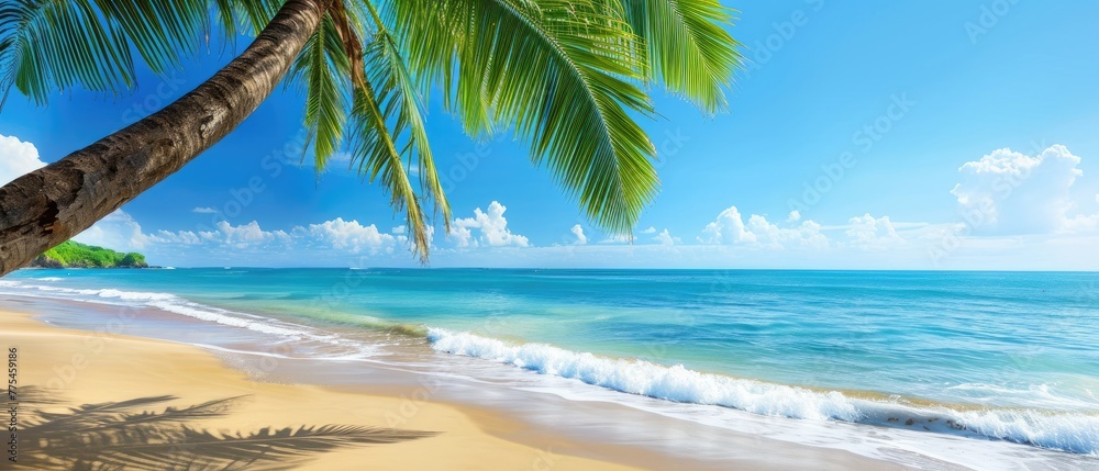 A serene panorama showcases an idyllic tropical beach with a single palm tree, epitomizing paradise. Ai Generated